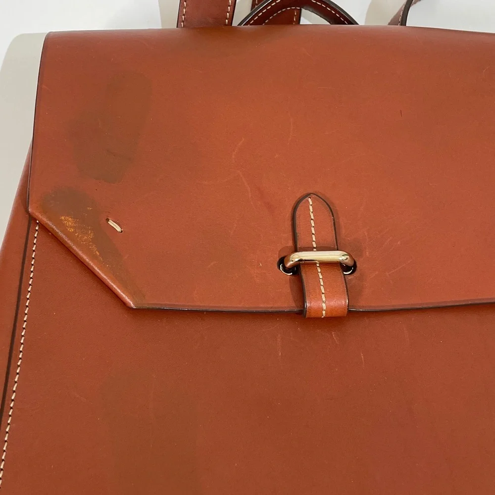 Paul Stuart 100% Leather Backpack Tan Brown Red Lining Gold Hardware